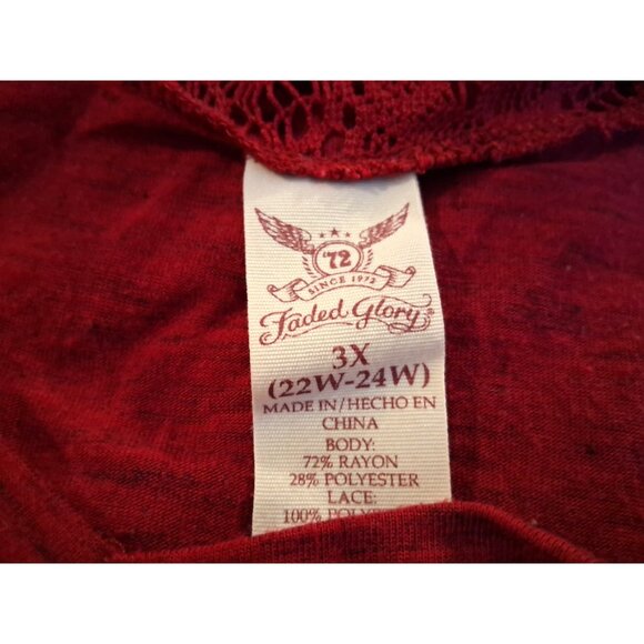 FADED GLORY Top Size 3X 22W-24W Berry Red Lace geometric print Tunic Rayon - Picture 5 of 5